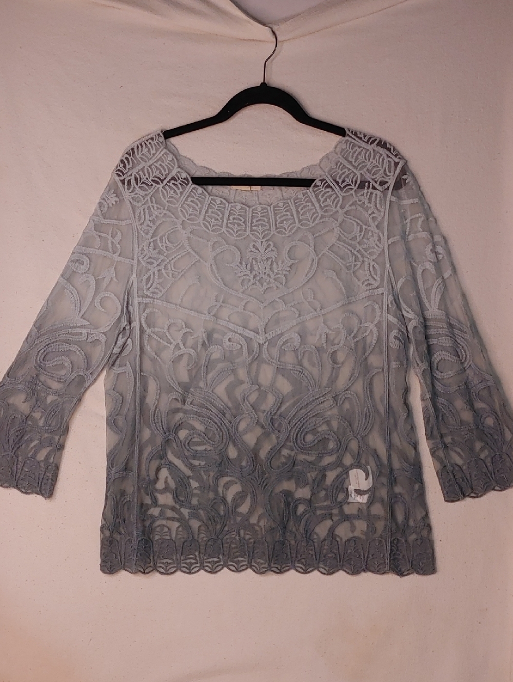 Sheer Embroidered Scoop-Neck Women's Top in‎ Light Gray Sz XL